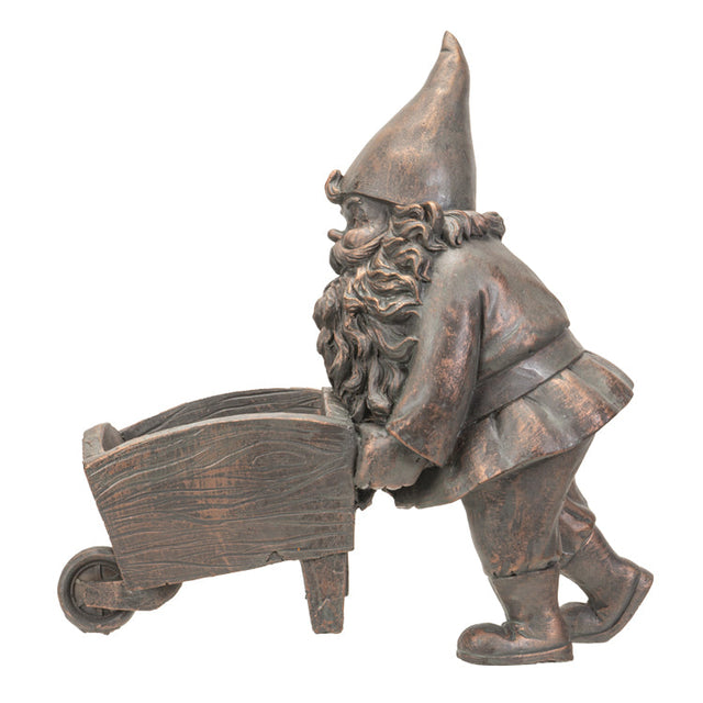 10.6" Gnome Statue - Bronze Gnome with Wheelbarrow Planter - Magick Magick.com