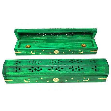 12" Celestial Green Wood Incense Box Burner - Magick Magick.com