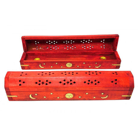 12" Celestial Red Wood Incense Box Burner - Magick Magick.com