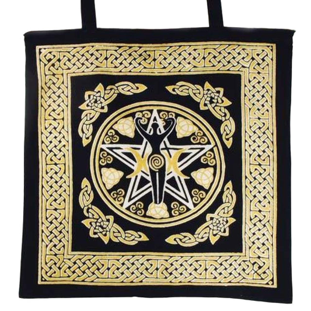 18" x 18" Pentagram Goddess Gold & Black Tote Bag - Magick Magick.com