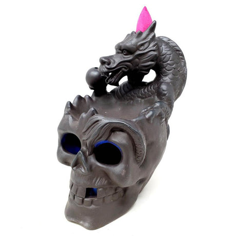 6" Skull with Dragon Backflow Cone Incense Burner - Magick Magick.com