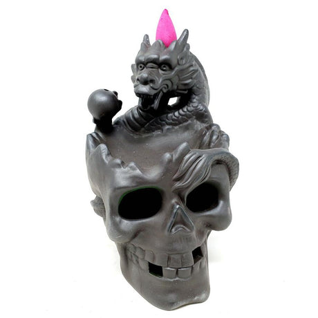 6" Skull with Dragon Backflow Cone Incense Burner - Magick Magick.com