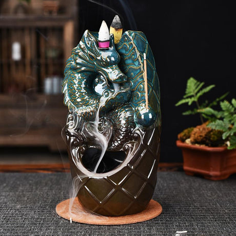 8" Dragon & Waterfall Dual Ceramic Backflow Cone Incense Burner - Magick Magick.com