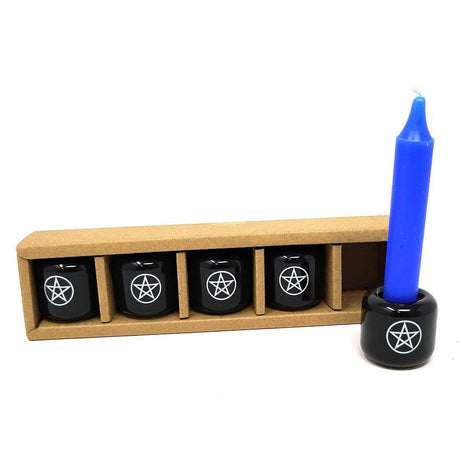 Ceramic Chime Candle Holder - Black with White Pentacle - Magick Magick.com