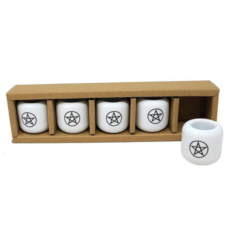 Ceramic Chime Candle Holder - White with Black Pentacle - Magick Magick.com