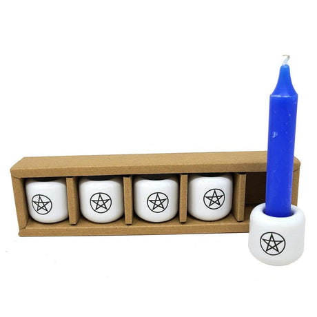 Ceramic Chime Candle Holder - White with Black Pentacle - Magick Magick.com