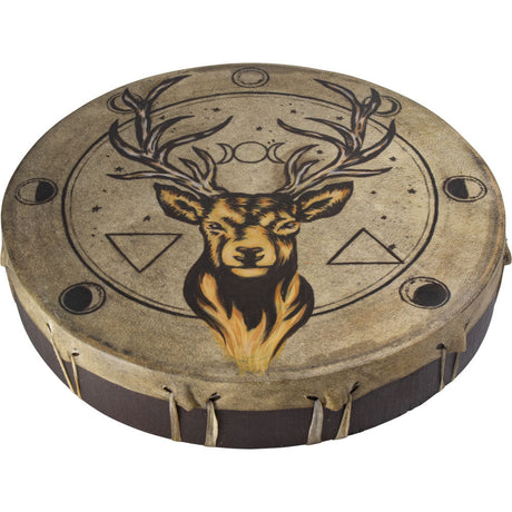 12" Ceremonial Drum - Stag with Moon Phases - Magick Magick.com