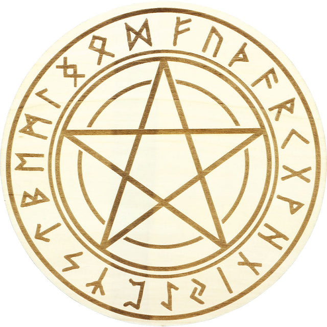 12" Wood Crystal Grid - Runes with Pentacle - Magick Magick.com
