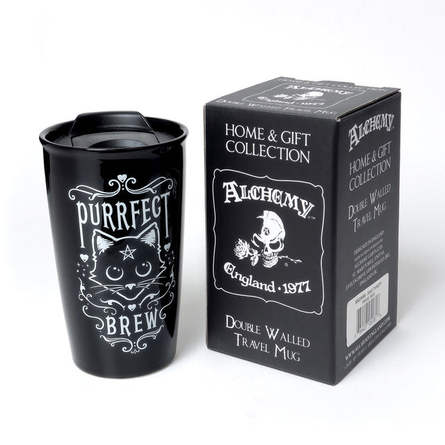 12 oz Black Ceramic Travel Mug - Purrfect Brew - Magick Magick.com