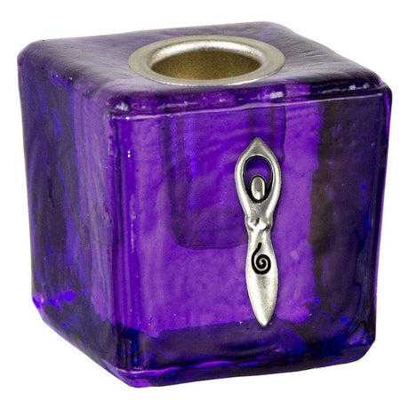 1.25" Mini Glass Candle Holder Cube - Purple Spiral Goddess - Magick Magick.com