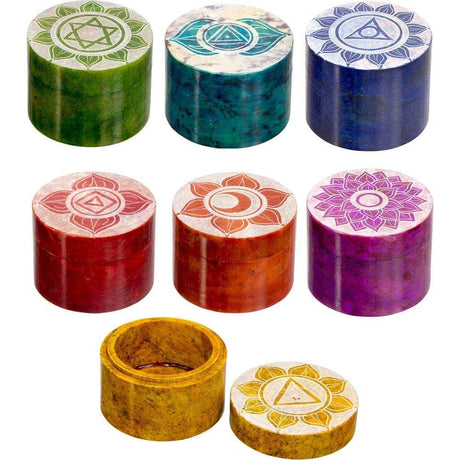 2" Colored Soapstone Round Boxes - 7 Chakras (Set 7) - Magick Magick.com
