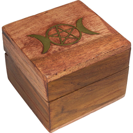 2.5" Acacia Wood Box with Velvet Lining - Triple Moon Pentacle - Magick Magick.com