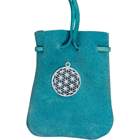 2.5" x 3.5" Suede Pouch Rounded with Strap - Aqua Flower of Life - Magick Magick.com