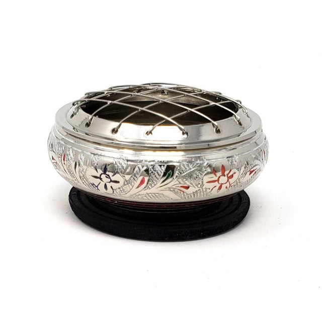 2.75" Silver Finish Brass Screen Charcoal Burner with Colorful Carving - Magick Magick.com