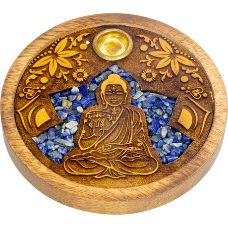4" Laser Etched Wood Round Incense Holder - Buddha with Sodalite Inlay - Magick Magick.com