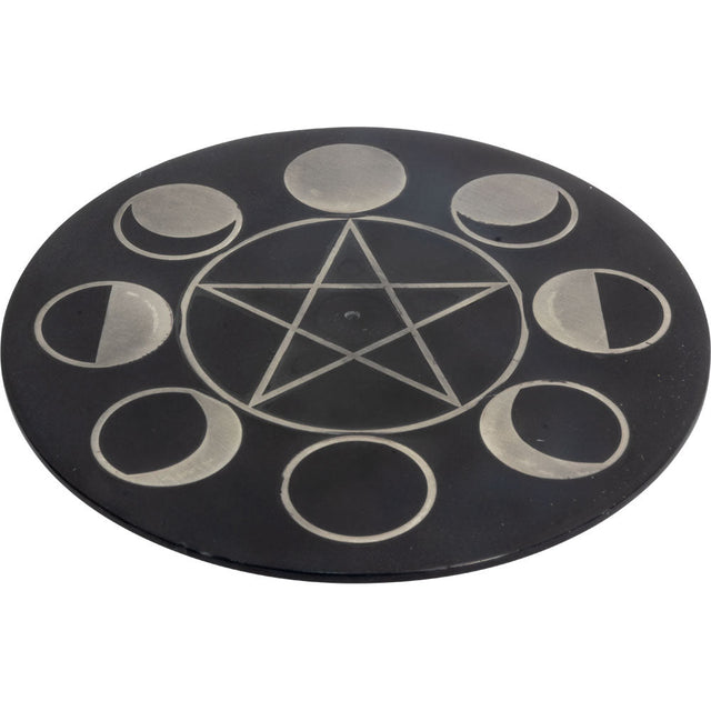5" Soapstone Incense Holder with Silver Inlay - Moon Phase - Magick Magick.com