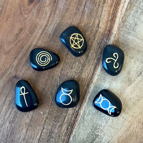Black Agate Pagan Symbol Stone Set (Set of 6) - Magick Magick.com
