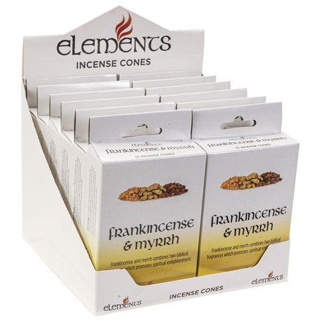 Elements Incense Cones Display - Frankincense and Myrrh (12 Packs of 15 Cones) - Magick Magick.com