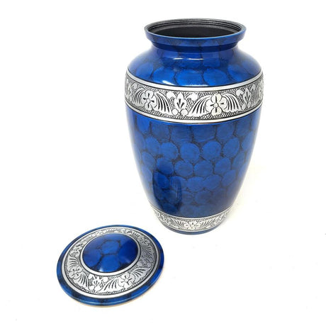 10" Blue Floral Heavy Duty Aluminum Solid Urn (200 Cubic Inch Space) - Magick Magick.com