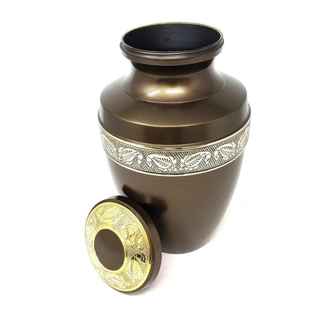 10" Floral Brown Heavy Duty Brass Solid Urn (200 Cubic Inch Space) - Magick Magick.com