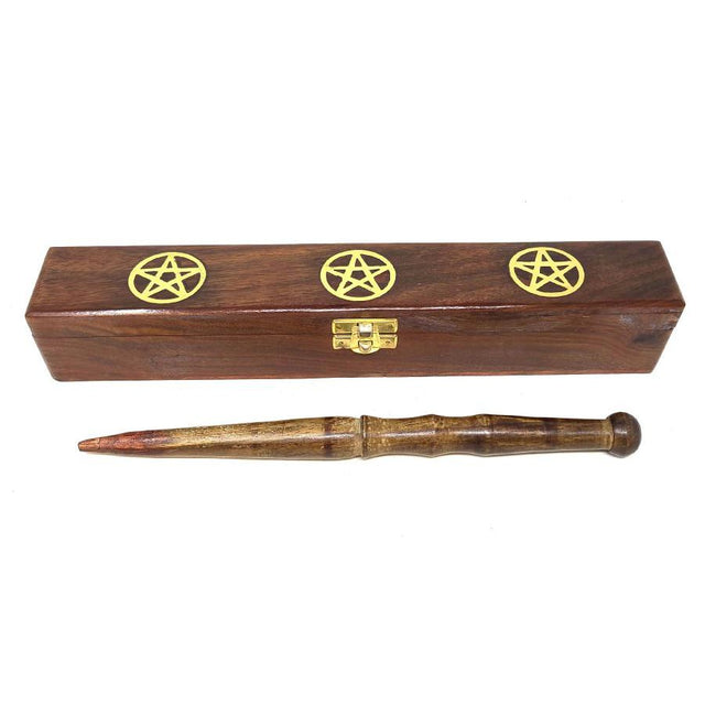 10" Wooden Magic Wand with Pentagram Wood Box - Magick Magick.com