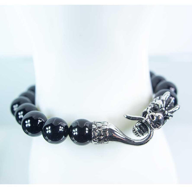 10 mm Elastic Bracelet Round Beads - Black Onyx with Stainless Steel Dragon Head Clasp - Magick Magick.com