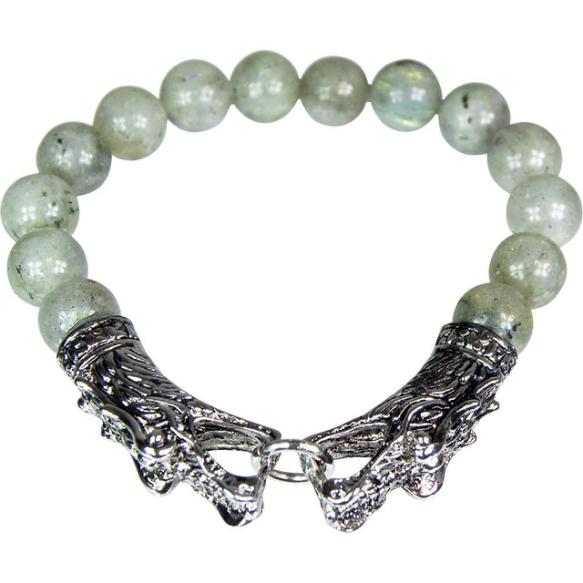 10 mm Elastic Bracelet Round Beads - Labradorite with Stainless Steel Dragon Heads - Magick Magick.com