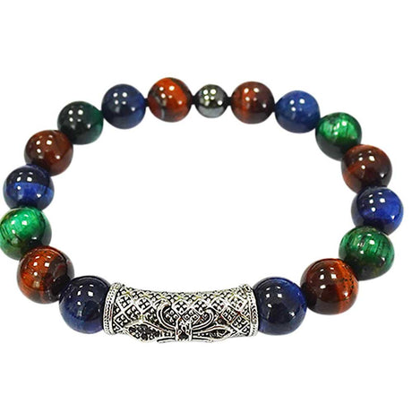 10 mm Elastic Bracelet Round Beads - Multi Color Tiger Eye with Fleur De Lis - Magick Magick.com