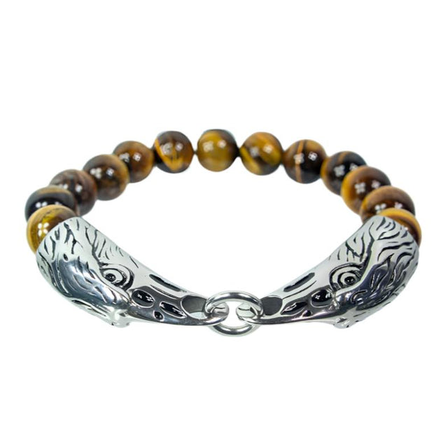 10 mm Elastic Bracelet Round Beads - Tiger Eye with Stainless Steel Eagle Heads - Magick Magick.com