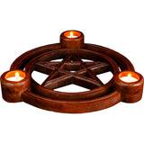 10.75" Pentacle Wood Triple Tealight Candle Holder - Magick Magick.com