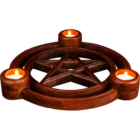 10.75" Pentacle Wood Triple Tealight Candle Holder - Magick Magick.com