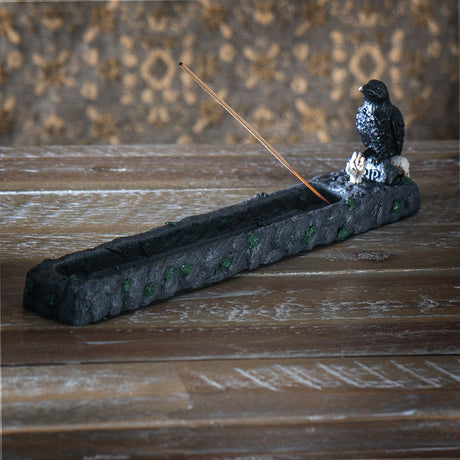 10.8" Raven with Skeleton Hand Stick Incense Burner - Magick Magick.com