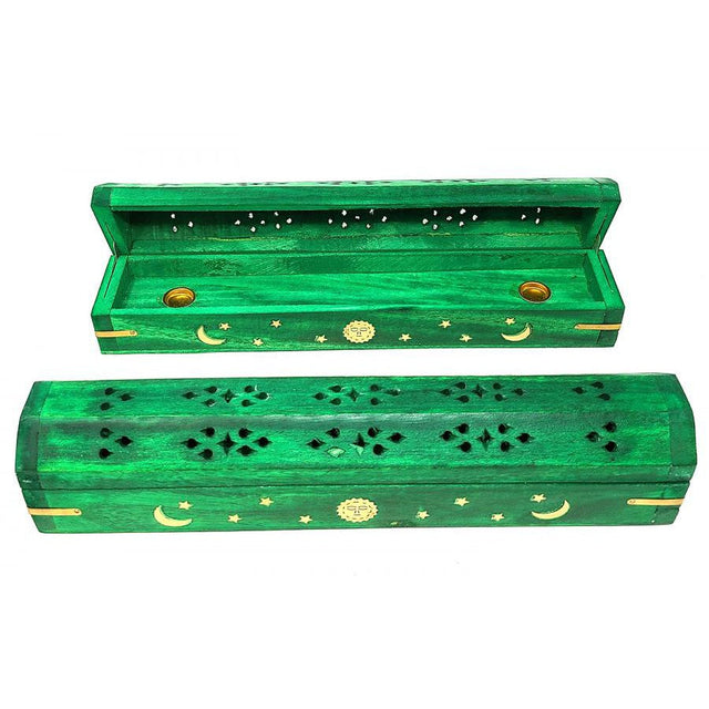 12" Celestial Green Wood Incense Box Burner - Magick Magick.com