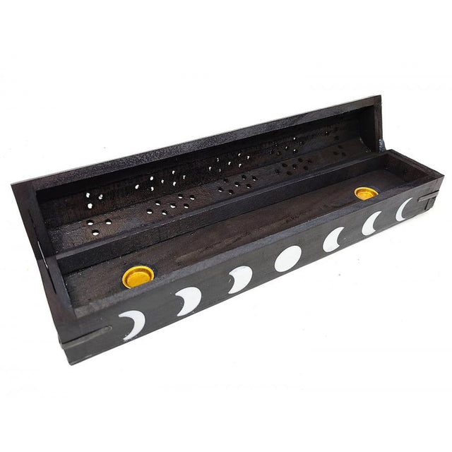 12" Moon Phase Black Wood Incense Box Burner - Magick Magick.com