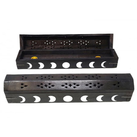 12" Moon Phase Black Wood Incense Box Burner - Magick Magick.com