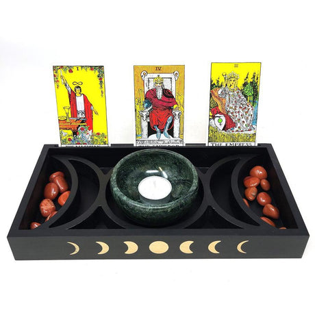 12" Wooden Triple Moon & Moon Phase Tarot Card Tray Holder - Magick Magick.com