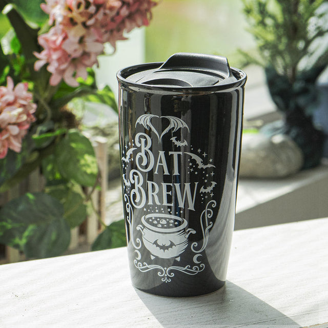 12 oz Black Ceramic Travel Mug - Bat Brew - Magick Magick.com