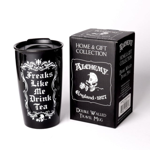 12 oz Black Ceramic Travel Mug - Freaks Like Me Drink Tea - Magick Magick.com