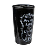 12 oz Black Ceramic Travel Mug - Freaks Like Me Drink Tea - Magick Magick.com