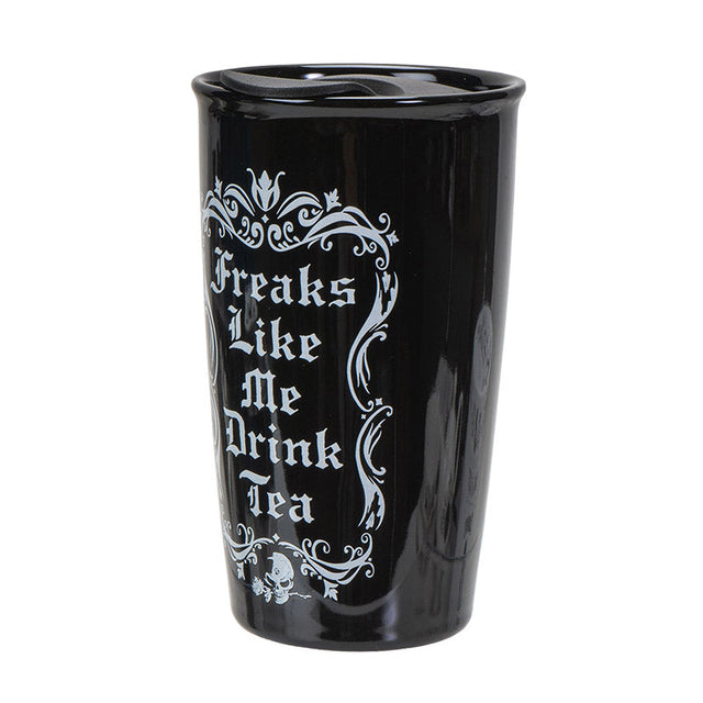 12 oz Black Ceramic Travel Mug - Freaks Like Me Drink Tea - Magick Magick.com