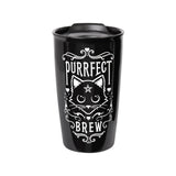 12 oz Black Ceramic Travel Mug - Purrfect Brew - Magick Magick.com