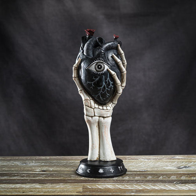 12.9" Black Heart with Skull Hand Statue - Magick Magick.com