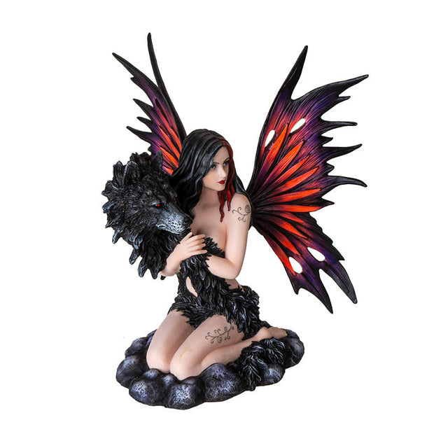 13" Fairy Statue - Night Fairy with Black Wolf - Magick Magick.com