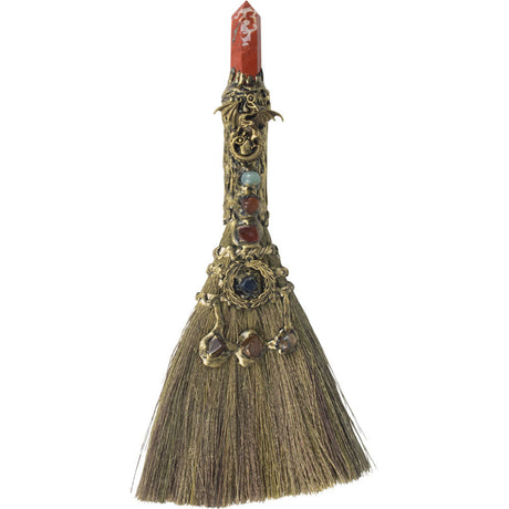 13" Wicca Gemstone Broom - Red Jasper with Gold Dragon - Magick Magick.com