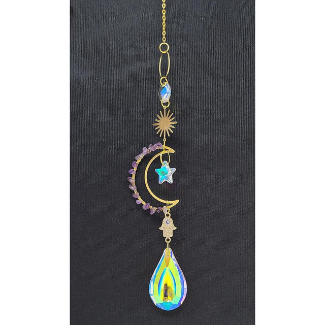 15" Sun Catcher - Gemstone Moon with Hamsa Hand - Magick Magick.com