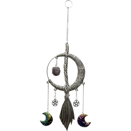 16" Metal Wall Hanging Moon & Broom with Amethyst - Magick Magick.com