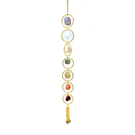 16" Seven Chakra Tumbled Stone Wall Hanging with Gold Rings - Magick Magick.com