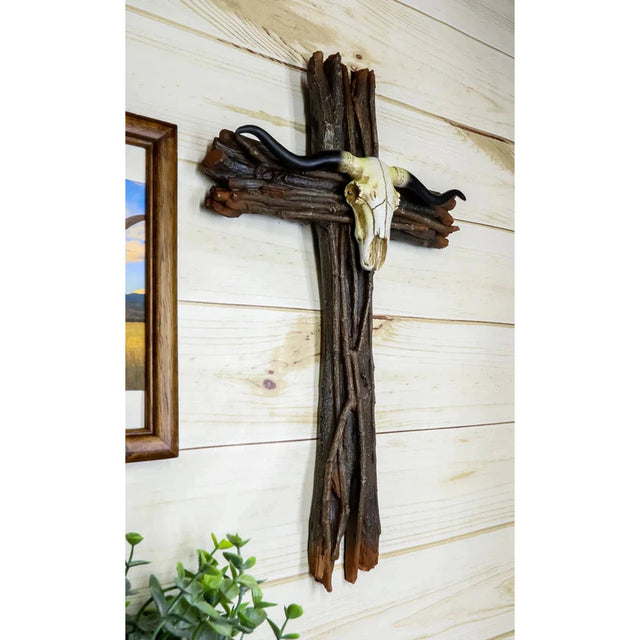 17" Western Crucifix Cow Skull Plaque - Magick Magick.com