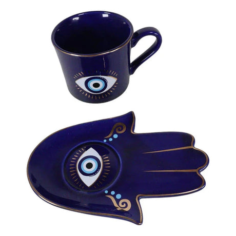 18 oz Ceramic Mug and Saucer Set - Evil Eye Blue - Magick Magick.com