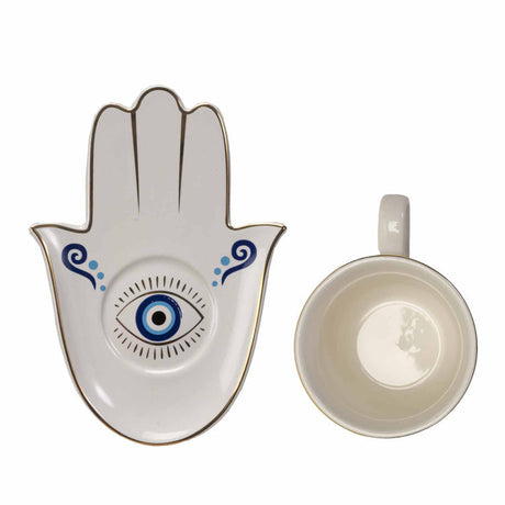 18 oz Ceramic Mug and Saucer Set - Evil Eye White - Magick Magick.com